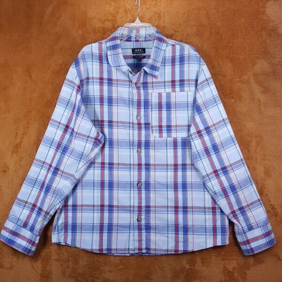 A.P.C. Shirt Mens XL Blue Plaid Button Up Pocket Long Sleeve Casual $270 - Picture 3 of 10